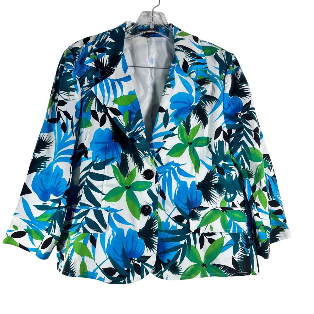 Notations Womens Tropical Floral Blazer Blue Green 3/4 Sleeve‎ Jacket Large